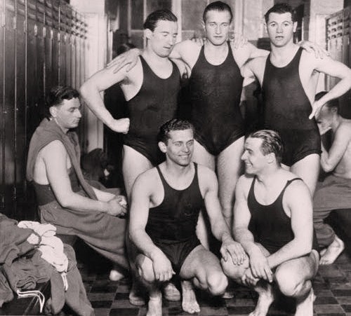 do-not-open-til-christmas:  vintagemaleerotica:  Unknown swin team, possibly by Life.1930s