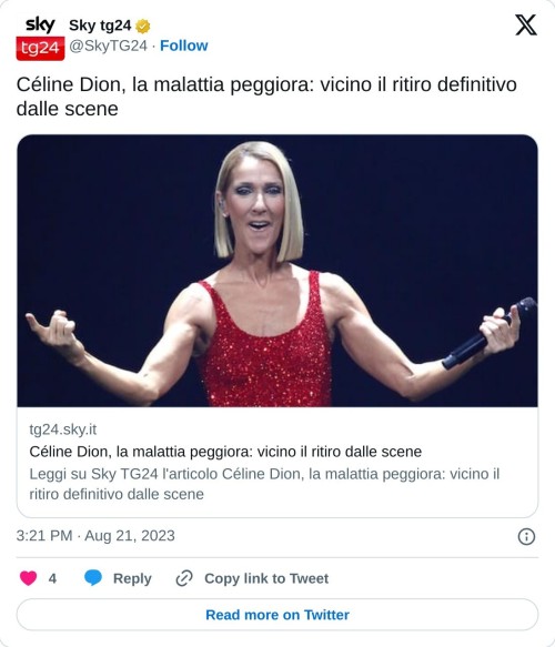 Céline Dion, la malattia peggiora: vicino il ritiro definitivo dalle scene https://t.co/7tvxUCto9M  — Sky tg24 (@SkyTG24) August 21, 2023