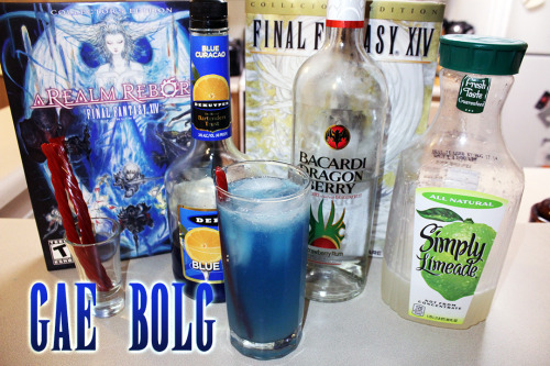 Gae Bolg (Final Fantasy XIV cocktail) Ingredients:.75 oz Blue Curacao1.5 oz Bacardi Dragon Berry5 oz