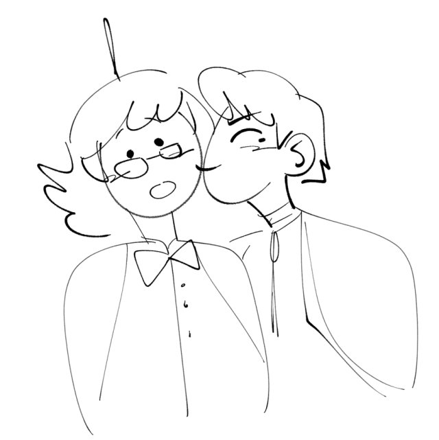 Extremely Doodly Seb going full Shocked Face, Exclamation point hair while Fran casually smooches her cheek.