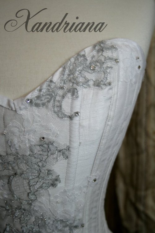 Bridal overbust all finished! White faux silk and coutil corset with silver and white lace and beads