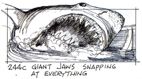 talesfromweirdland:“Giant Jaws snapping at everything”. Storyboard images from the Steven Spielberg 