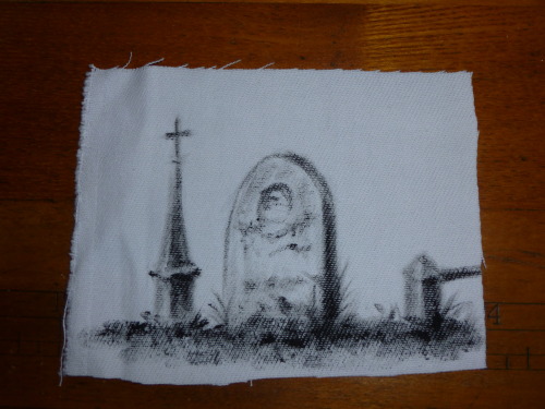 A sample I painted using black fabric screen printing ink on the wrong side of a piece of white deni