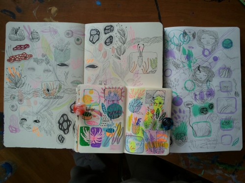 art-creature:  The sketchbooks I’m using right now: Moleskine sketchbook, Fabriano notebook (where I sketch/write down ideas + diary) and a little doodlebook (no label)
