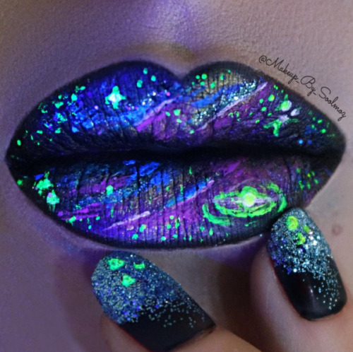 nailpornography:  glow in the dark galaxy lips & nails 