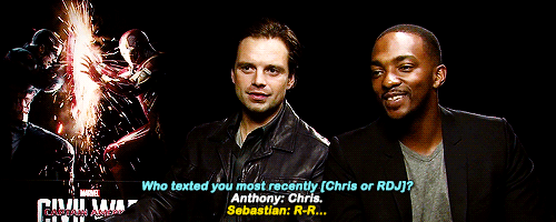 buckys:Anthony Mackie reacting to Sebastian Stan getting a recent text from RDJ