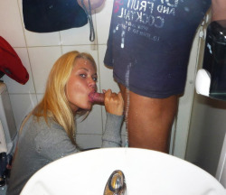 blowjobqueens:  She loves to suck boyfriends cock in bathroom!