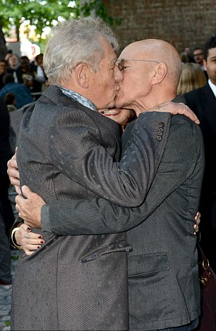 sangfroidwoolf:  Patrick Stewart kisses Ian McKellen at the premiere of Mr Holmes, held at the Odeon cinema, Kensington, London, 10 June 2015.
