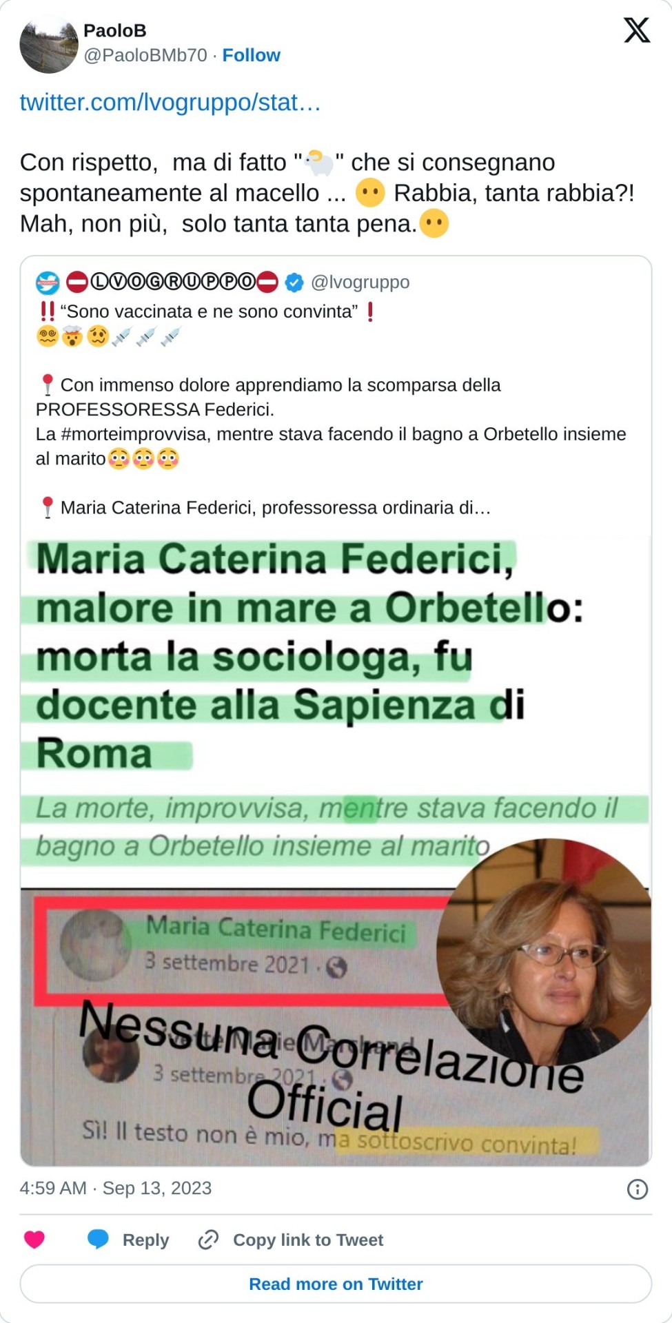 https://t.co/2OVySfCbOh  Con rispetto, ma di fatto "🐑" che si consegnano spontaneamente al macello ... 😶 Rabbia, tanta rabbia?! Mah, non più, solo tanta tanta pena.😶  — PaoloB (@PaoloBMb70) September 13, 2023