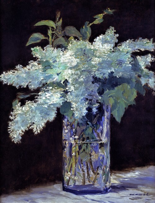 urgetocreate:Édouard Manet (French 1832-83), White Lilacs in a Glass Vase, 1882, Oil on canvas