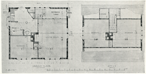 vintagehomeplans:United Kingdom, 1906: Cottage with Five RoomsA three-bedroom cottage centered on th