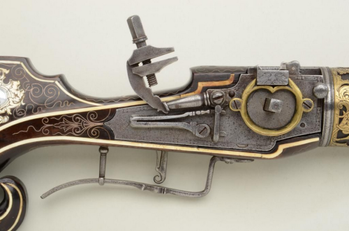 peashooter85:An ornate 6 shot wheel-lock revolving musket decorated with gold, silver, ivory, and bo