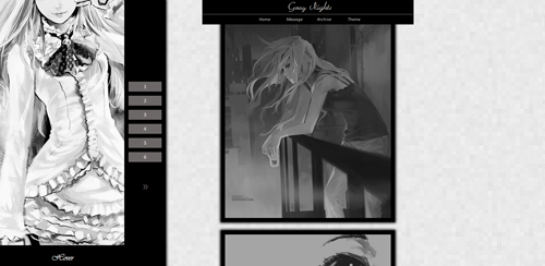 a–themes:  [THEME #17 - Gray Nights]      Preview ( static ) | Code      Features: 400/500 size posts Fading Images Grayscale Images with Color Hover Infinite Scrolling Big Sidebar Image ( with: 300px, height: 900px or more, this changes to screen