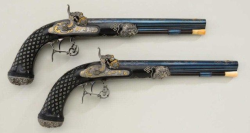 Peashooter85:  An Ornately Engraved Gold And Silver Decorated Set Of Dueling Pistols