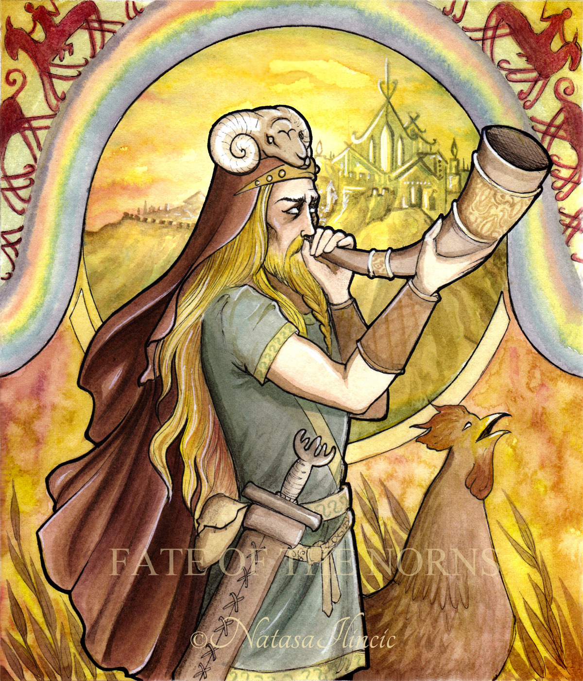 Heimdall”, watercolour. Heimdallr, in Old Norse,...