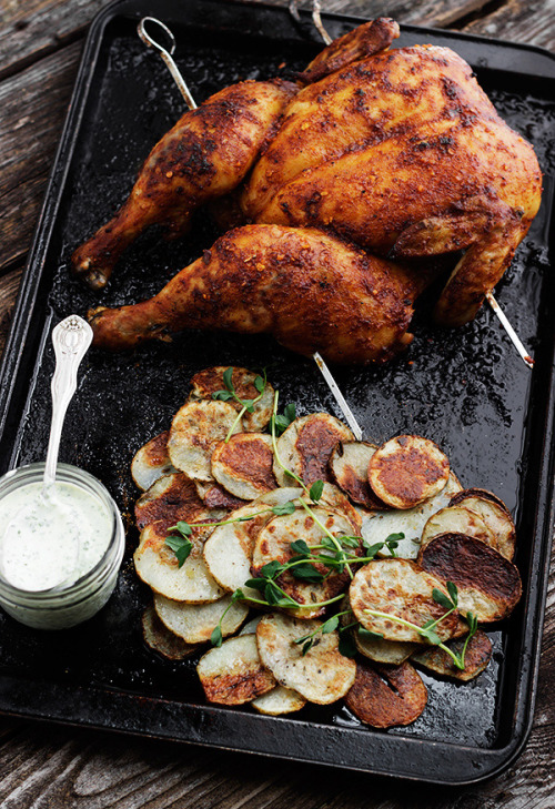 hoardingrecipes:  Piri Piri Roasted Chicken with Potatoes and Green Chilli Dressing