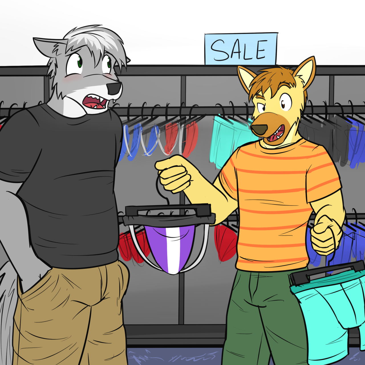 “Jockstrap?  I didn’t know you wore these.” the hyena said.“Well, my tail’s