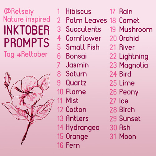 My nature inspired inktober prompts!Feel free to use, reblogging helps share this! Tag your art to #