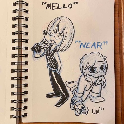 Yet another “warmdown” sketch. L’s successors “Mello” and “Near” for my “Duck Note” crossover series