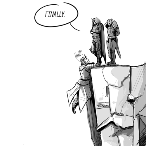 newbabyfly: My actual life as a warlock. Except my fireteam is nice enough to not toss me back off as soon as I actually make those stupid jumps. (Killy actually used to be a pretty goofy dude until he adopted these twerps.) 