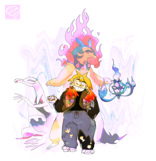 pinkish watercolor-like drawing of a pokemon trainer and their pokemon. The trainer in the front has medium neon yellow hair with red tips and is dressed in ragged burned clothes. Hes standing with one hand in pocket and second one holding pokeball upside down. behind them is hisuian typhlosion and on their both sides is shiny salazzle and chandelure.