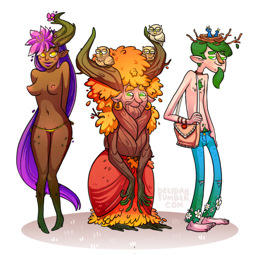 Pictured above, from left to right: A young Dryad woman tempting adventurers to venture deeper into the woods, an elderly Dryad looking mischievous, and a Dryad lad who often slugs off to the city to sell “herbs”.The peoples of Elsewhere: Dryads.It