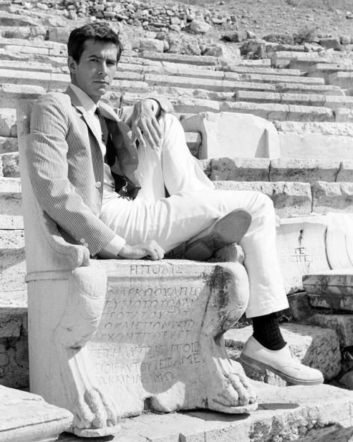 serafino-finasero:U.S. actor Anthony Perkins in 1961 at the Acropolis of Athens, Greece, during a br