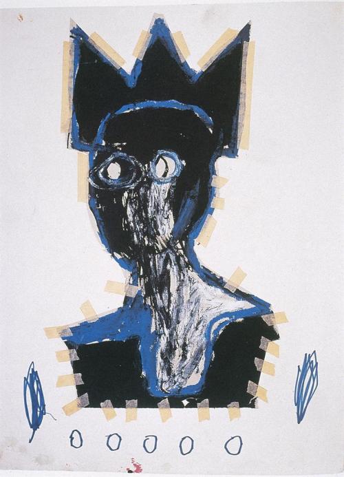 rosetwirledwings:Jean Michel Basquiat (1960-1988)Untitled (Bust)acrylic, paper, and tape collage on 