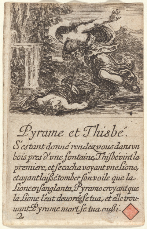 hildegardavon:Stefano Della Bella, 1610-1664 Pyreme et Thisbé, n/d, etching, plate mark 8,7x5,7 cm  