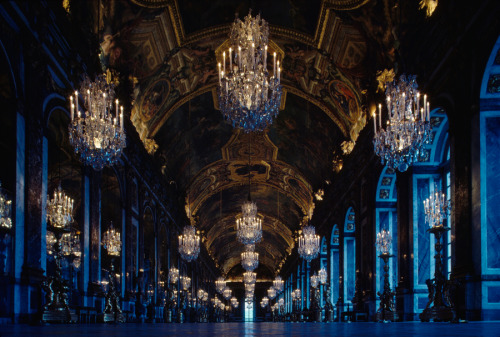 The Halls of Mirrors reflects the reign of the Sun King in Versailles, France, July 1989.Photograph 