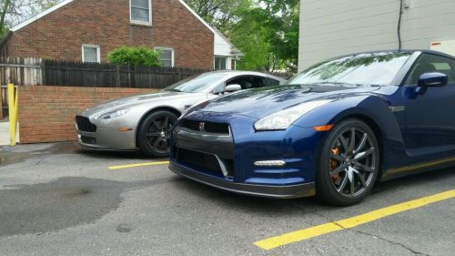 awesome–cars:  Godzilla and a Brit at Cars and Coffee in Birmingham MI [x-post from r/spotted] [4160x2340]