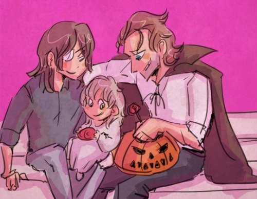 heythereofficerfriendly: a belated halloween doodle of vampire rick, normal carl and toddler judith 