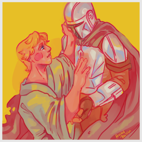 luke looking into dins helmet. theyre softly touching each other.