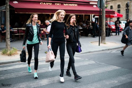 Daria Strokous, Ginta Lapina and Kasia Struss leaving Dior couture earlier in Paris.