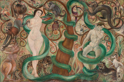 Anonymous European Artist of the 20th centuryAdam and Eve in paradise, N/DOil on canvas, 74 x 110.5 