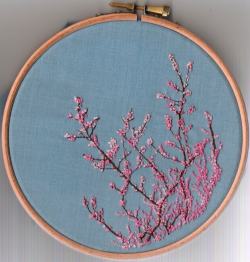 oumsass:  oumsass: I used 2 different pinks, a light and a dark. And I also stripped down the thread and used 1 strand of each so that some of the french knots are an inbetween mix of the 2 colours. The brown branches are just back stitch.  Embroidery