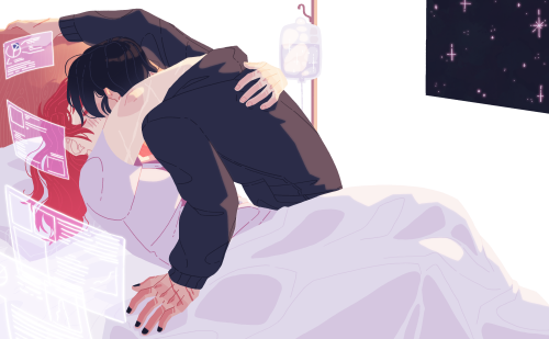 An illustration of Yoo Sangah laying in hospital bed, hugging Han Sooyoung's neck and dragging her closer for a kiss. Han Sooyoung is looming over her, holding onto headboard.