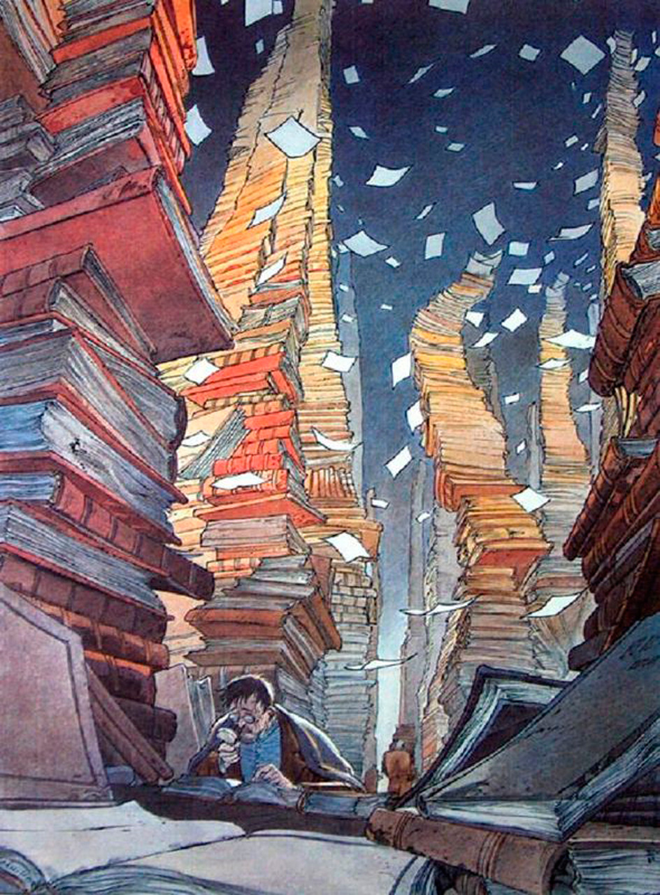 Bibliothèque (The Library) by Francois Schuiten (Belgian, born 1956). Lithograph print on paper.
Inspired by artists and scientists alike, Schuiten’s work can be considered to mix the mysterious worlds of René Magritte, the early scientific fantasies...