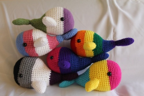 mostlyharmlessdesigns: Group shot of all the Pride Whales I’ve made so far! Available here!