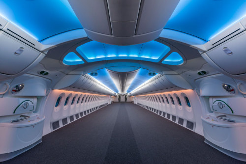 The inside of an empty Boeing 787 Dreamlinervia Boeing