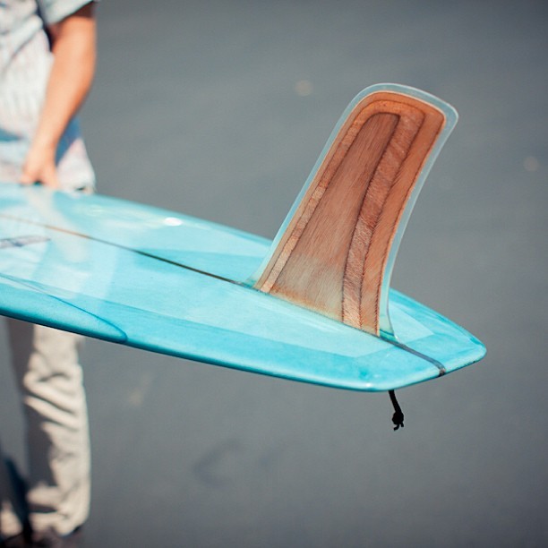 almondsurfboards:  Plywood Huck fin, hand foiled by gully #almondsurfboards (at Almond