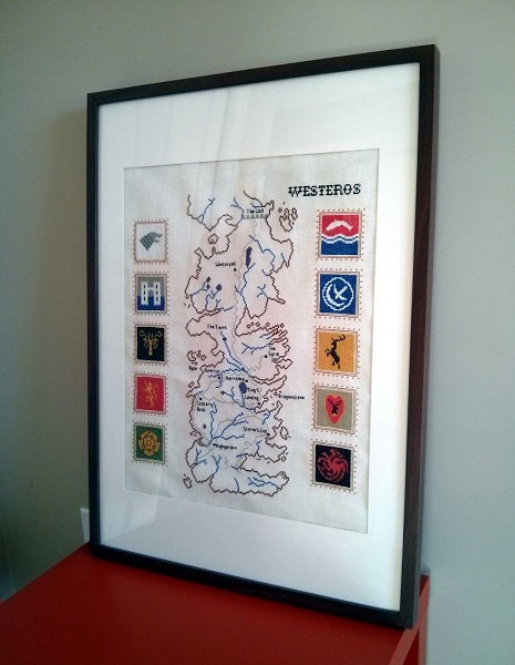 gameofthrones-fanart: Awesome Cross Stitched Map of Westeros with House Sigils by