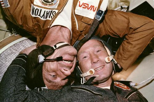 Forty years ago, Apollo and Soyuz docked. Here, Deke Slayton and Aleksey Leonov embrace onboard Soyu