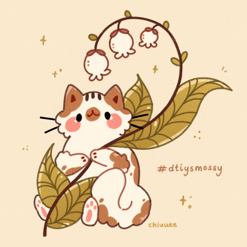 illustration of a brown and white cat with fluffy fur, sat down and holding the stem of a plant with large green leaves and white flower buds at the top. the plant is curled so that the flower buds are hovering above the little cat's head. the illustration includes the text "#dtiysmossy" because it's a DTIYS (draw this in your style) challenge for a super cool artist @bymossypine.