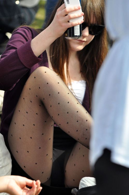 Black polka dot pantyhose for this awesome upskirt.Woman in pantyhose