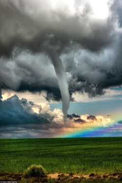 sixpenceee:  Storm chaser, Jason Blum, captures the incredible moment a tornado appearing next to a rainbow in the skies over Colorado