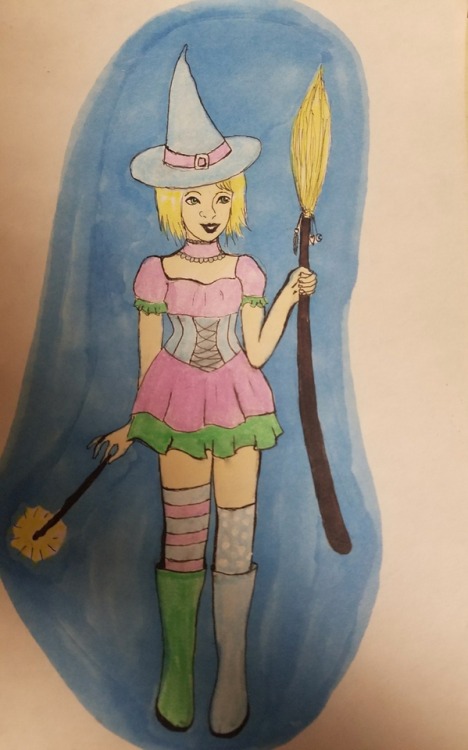 Drawctober day one, pastel witch, her name is Olive ink bled on the hands, bad paper choice on my pa