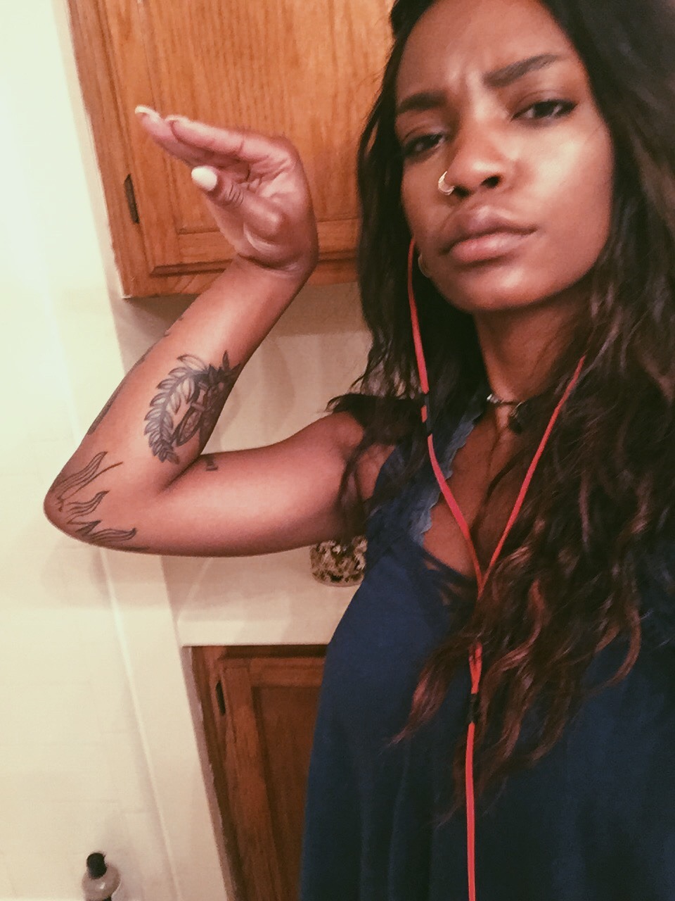 peathefeary:  When you try to do weird poses to show off new tats…  Add me on snapchat