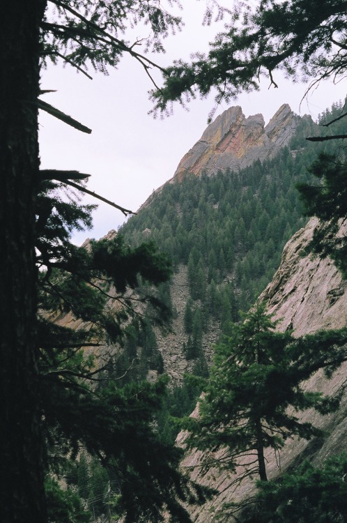 Peaking out through a crevice in the rock while hiking the flatirons outside of Boulder, Colorado (t