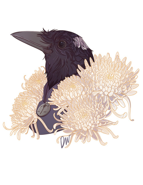 Flower portrait commission of a Kenku with white chrysanthemums. 